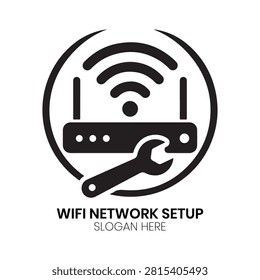 WiFi Network Setup logo features a modern wireless router fitted with a diagnostic maintenance tool, presenting an advanced telecommunications layout that perfectly suits digital connectivity providers, local area network installers, or wireless engineers wanting a sleek business mark.