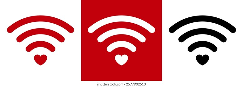 Wi-Fi Network Signal with Heart - Symbol of love and connection, minimalistic icon on a red, white and black background. Valentine's Day. 14 February.