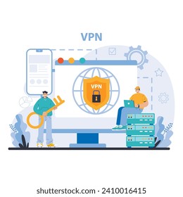 Wi-Fi network. Specialist setting up, developing and maintaining wireless fidelity equipment. Secure connection configuration. Flat vector illustration
