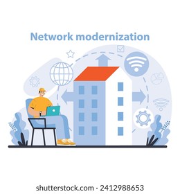 Wi-Fi network. Specialist setting up, developing and maintaining wireless fidelity equipment. Secure connection configuration. Flat vector illustration