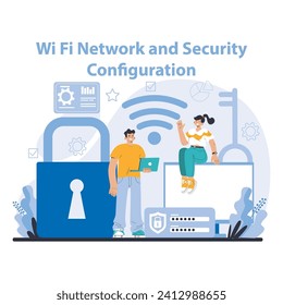 Wi-Fi-Netzwerk. Spezialist für die Einrichtung, Entwicklung und Wartung von Geräten zur Funktechnik. Sichere Verbindungskonfiguration. Flache Vektorgrafik