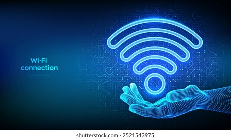 Rede Wi-Fi. Ícone Wi-Fi disponível. Acesso à WLAN, símbolo de sinal de hotspot sem fio. Zona de conexão móvel. Transmissão do roteador. Padrão da placa de circuito. Textura de circuito impresso PCB. Ilustração vetorial.