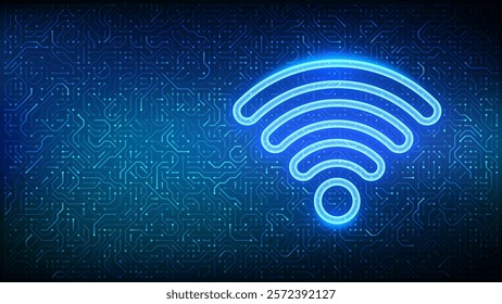 Wi-Fi network. Wi Fi icon. Wlan access, wireless hotspot signal symbol. Mobile connection zone. Router transmission. Circuit board pattern. PCB printed circuit texture. Vector illustration.