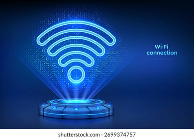 Rede Wi-Fi. Acesso à WLAN, símbolo de sinal de hotspot sem fio. Zona de conexão móvel. Transmissão do roteador. Plataforma holográfica projetando um ícone WiFi feito de linhas de placa de circuito. Ilustração vetorial.