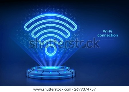 Wi-Fi network. Wlan access, wireless hotspot signal symbol. Mobile connection zone. Router transmission. Holographic platform projecting a WiFi icon made of circuit board lines. Vector illustration.