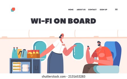 Wi-Fi an Bord Landing Page Template. Flugkabine mit Stewardess und Passagier mit Smartphone, Air Hostess mit Food Cart bietet den Menschen Getränke während der Jet-Reise an. Cartoon-Vektorgrafik