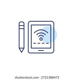 Wi-Fi auf Tablet-Bildschirm und Stift. Online-Verbindung, Surfen und Senden. Pixel perfekt, bearbeitbares Strichvektorsymbol