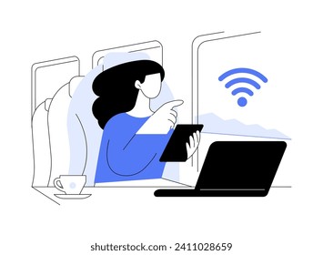 Wi-Fi onboard abstract concept vector illustration. Woman with smartphone and laptop on the train, using a Wi-Fi connection in public transport, urban transportation abstract metaphor.