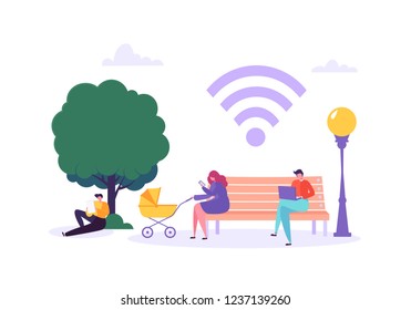 Wifi en el parque con Personas usando Smartphone y Laptop. Concepto de redes sociales con personajes con gadgets móviles. Ilustración vectorial