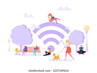 Wi-fi in the Park with People Using Smartphone and Laptop. Social Networking Concept with Characters with Mobile Gadgets. Vector illustration