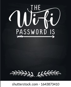 The Wi-fi Password Is: - Black Chalkboard With Free Space For Wifi Login. Guestroom Poster For Hotel, Pub, Bar, WIFI, User And Password Word On Frame With Wood Wall Background.