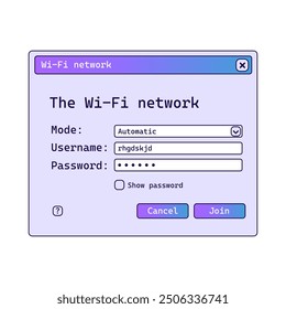 Wifi password window with gradient in old style. Network settings panel in purple and blue colors.