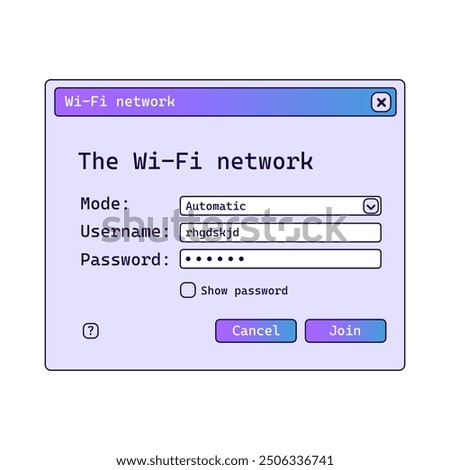Wifi password window with gradient in old style. Network settings panel in purple and blue colors.