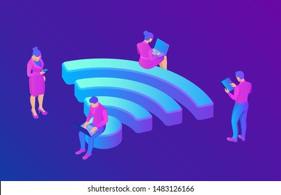 Wi-Fi. People in public free wi fi hotspot zone. People surfing internet sitting on a big wifi sign. Public assess zone. Wireless connection technology concept. 3D isometric vector illustration.