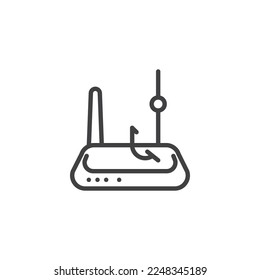 Wifi phishing attack line icon. linear style sign for mobile concept and web design. Wifi modem with hook outline vector icon. Symbol, logo illustration. Vector graphics