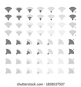 Wi-Fi phone signal icons. Vector set of mobile interface top line icons for wifi signal level. wifi icons for remote access and communication via radio waves. Vector illustration
