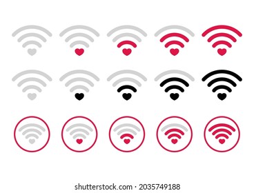 Wifi pictogram in flat style. Set of wifi signal icon with heart. Wifi level strenght on white background. World communication concept.