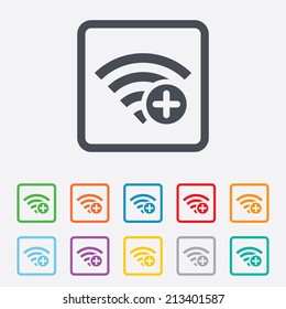 Wifi plus sign. Add Wi-fi symbol. Wireless Network icon. Wifi zone. Round squares buttons with frame. Vector