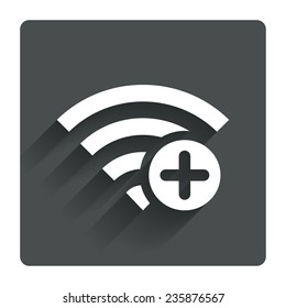 Wifi plus sign. Add Wi-fi symbol. Wireless Network icon. Wifi zone. Gray flat square button with shadow. Modern UI website navigation. Vector