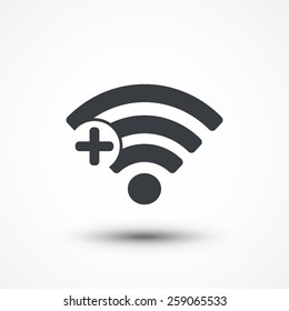 Wifi plus sign. Add Wi-fi symbol. Wireless Network icon. Wifi zone. Flat design style