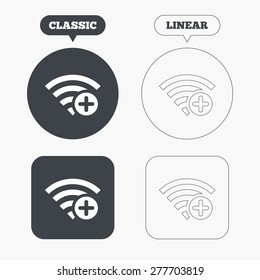 Wifi plus sign. Add Wi-fi symbol. Wireless Network icon. Wifi zone. Classic and line web buttons. Circles and squares. Vector