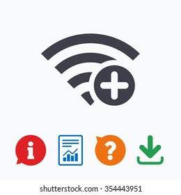 Wifi plus sign. Add Wi-fi symbol. Wireless Network icon. Wifi zone. Information think bubble, question mark, download and report.