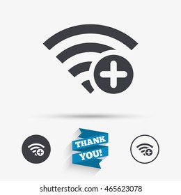 Wifi plus sign. Add Wi-fi symbol. Wireless Network icon. Wifi zone. Flat icons. Buttons with icons. Thank you ribbon. Vector