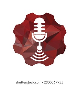 Micrófono de podcast Wi-Fi Icono dentro de la forma de la plataforma de engranajes con diseño vectorial de patrón rojo. 
