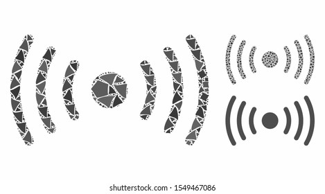Wi-Fi point mosaic of irregular elements in various sizes and color tints, based on Wi-Fi point icon. Vector rough dots are combined into mosaic. Wi-Fi point icons collage with dotted pattern.