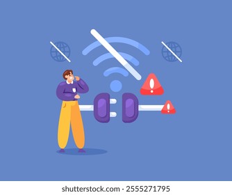 wifi problem concept. Wireless Fidelity network error. wireless network cannot be used and no internet connection is available. illustration of a user with wifi error. flat style design. elements