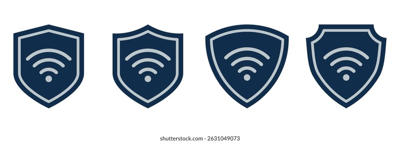 Wi-Fi Protection Shield Icons Set. Secure Wireless Internet Symbols in Blue Badges. Digital Privacy and Network Safety Design Elements for Cybersecurity Illustrations and Online Technology
