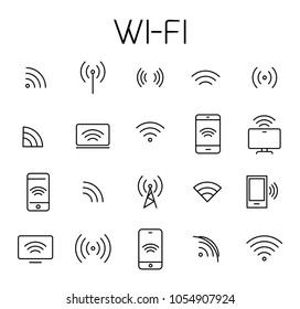 Wi-fi related vector icon set. Well-crafted sign in thin line style with editable stroke. Vector symbols isolated on a white background. Simple pictograms.