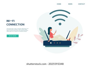 Wi-fi remote internet connection services site template, flat vector illustration. Wireless internet communication technology landing page or web banner design.