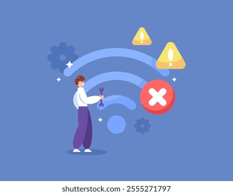 wifi repair concept. repair and fix Wireless Fidelity network. wireless network is not working and no internet connection is available. illustration of IT or network expert. flat style design. element