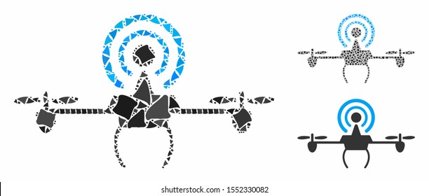 WiFi repeater drone composition of abrupt items in variable sizes and shades, based on WiFi repeater drone icon. Vector rough elements are grouped into collage.