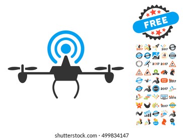 Wifi Repeater Drone icon with bonus 2017 new year clip art. Vector illustration style is flat iconic symbols, blue and gray colors, white background.