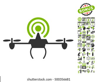 Wifi Repeater Drone icon with bonus calendar and time management design elements. Vector illustration style is flat iconic symbols, eco green and gray colors, white background.