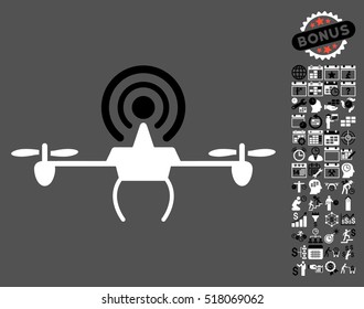 Wifi Repeater Drone icon with bonus calendar and time service images. Vector illustration style is flat iconic symbols, black and white colors, gray background.