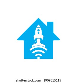 Diseño del logotipo vectorial de la forma del hogar del cohete Wifi. Símbolo de señal wifi y vector de diseño de cohetes.