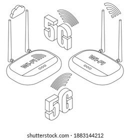 Wi-Fi router, 5G icons set.Wireless internet connection concept.Minimalism.Isometry.3D.Editable path.Vector illustration in a linear style.