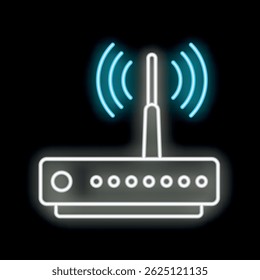 Wifi router with antenna emitting signal in blue and white neon light