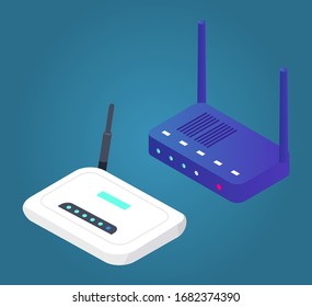Wifi router with antenna wireless device isolated. Modern internet connection equipment and application symbol. Web network zone for public using. Online hardware electronic sign vector, isometric