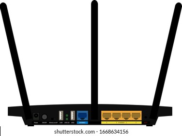 Wi-Fi router back panel with connectors, ports and signs, flat style on a transparent background