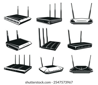 Roteador Wifi silhueta preta conexão internet ícone da tecnologia sem fio definir ilustração vetorial isométrica. Dispositivo de rede eletrônica de computador Wi fi com antena para comunicação cibernética online