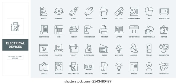 Wifi router and computer, tablet and smart TV, LED lamp and electric car thin black outline symbols vector illustration. Electrical appliances and devices, household equipment line icons set.