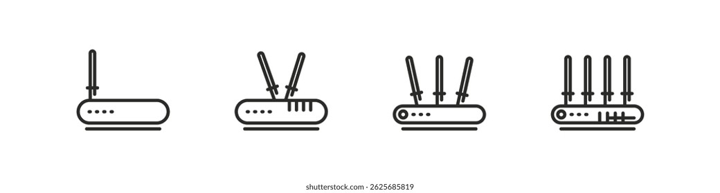 Ícones de dispositivo do roteador Wi-Fi em estilo vetorial de contorno limpo.
Equipamento de rede com antena e sinal sem fios