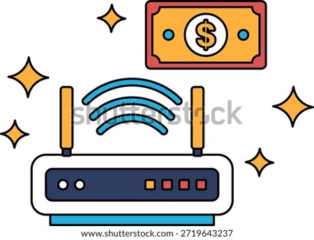 A wifi router with a dollar bill next to it. The dollar bill is placed on the right side of the router