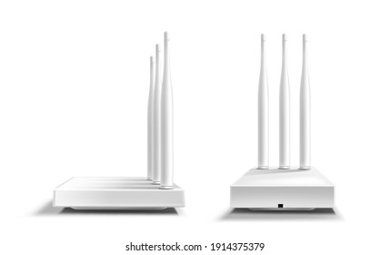 Wifi router front and side view mockup, blank home device with antennas for wireless internet connection isolated on white background. Modern technologies, Realistic 3d vector illustration, mock up