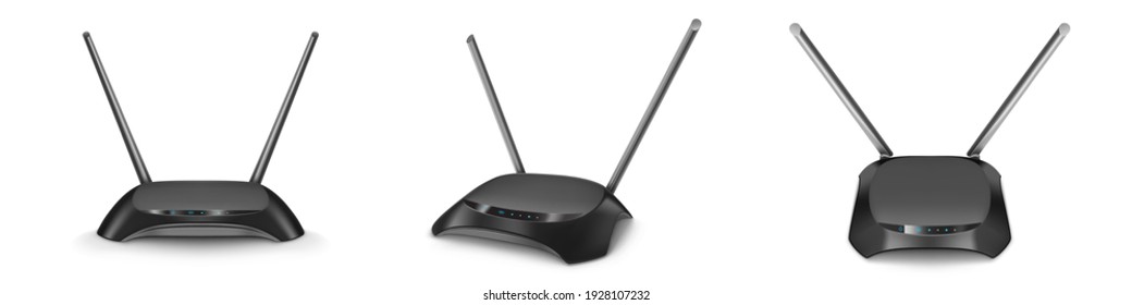 Wifi router front, top, angle and side view mockup, black home device with two antennas, glow blue indicators for wireless internet connection. Modern technology, Realistic 3d vector isolated mock up