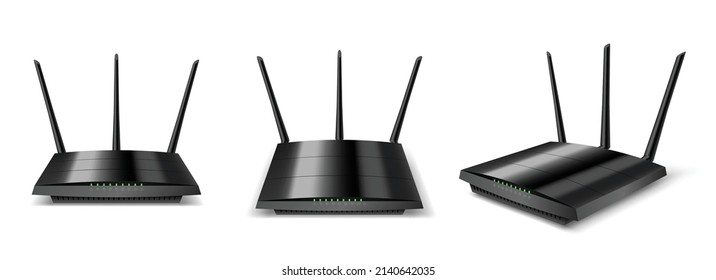 Wifi router front, top and angle view mockup, black realistic home device modem with three antennas, glow indicators for wireless internet connection. 3d vector illustration